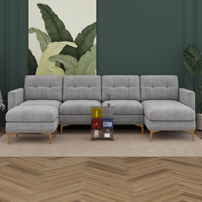 110" L-Shape Convertible Sectional Sofa Couch With Movable Ottoman, 5-Seat Couch With Chaise, Velvet Upholstered Sofa Couch