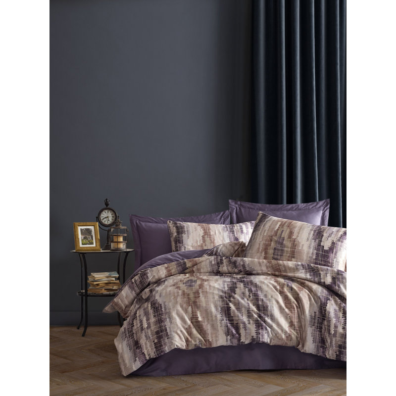 Ensemble de housse de couette luxueuse double, 100% coton, conception jacquard | Housse de couette: 78,7 x 86,6 po, drap plat: 94,5 x 102,4 po, 2 taies d'oreiller: 19,7 x 27,6 po, 2 taies d'oreiller Oxford: 19,7 x 27,6 + 2 po | Lavable à la machine, mauve élégant, blanc et brun