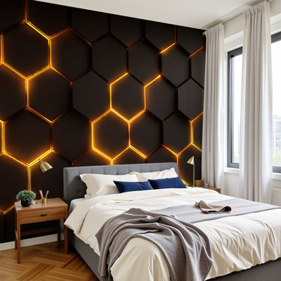 Futuristic 3D Peel and Stick Wallpaper Modern Honeycomb Wall hexagon Cream Matte Finish Golden Lighting Wall Murals 100"H x 144"W Removable PVC Wall Paper Self-Adhesive Wall Decor for Bedroom Living Room Home Office