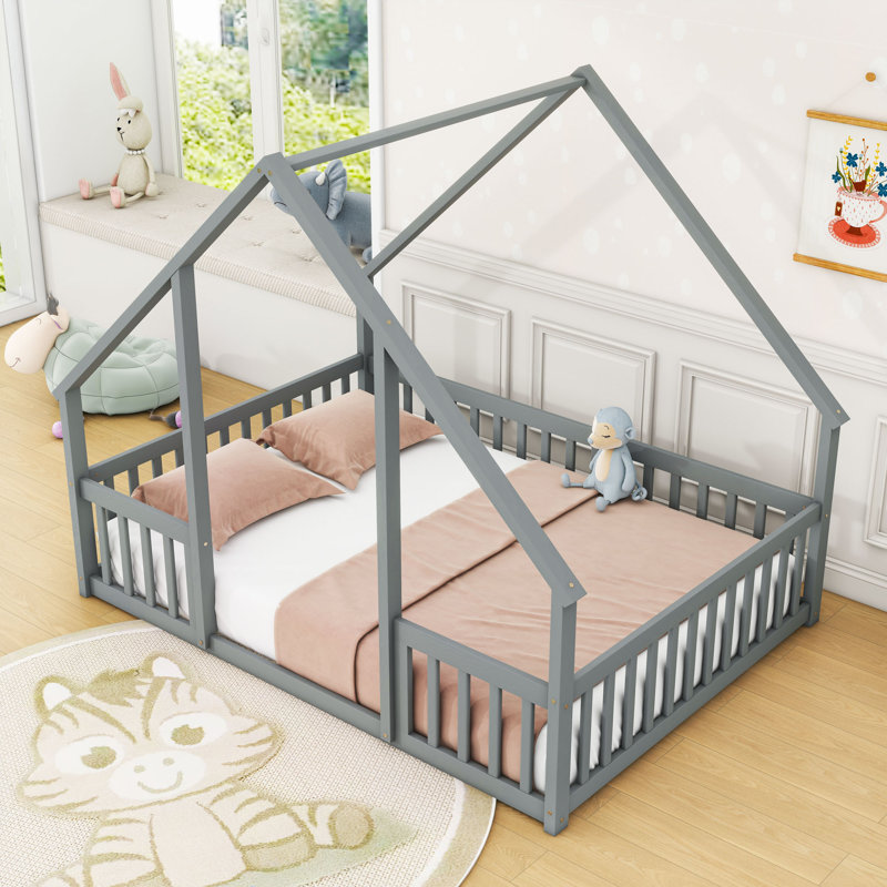 Wood House-Shaped Floor Bed With Guardrails, Gray, Full