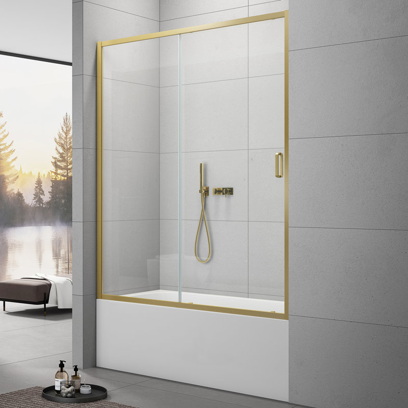 59" W x 60" H Single Sliding Framed Tub Door with Clear Tempered Glass, Gold