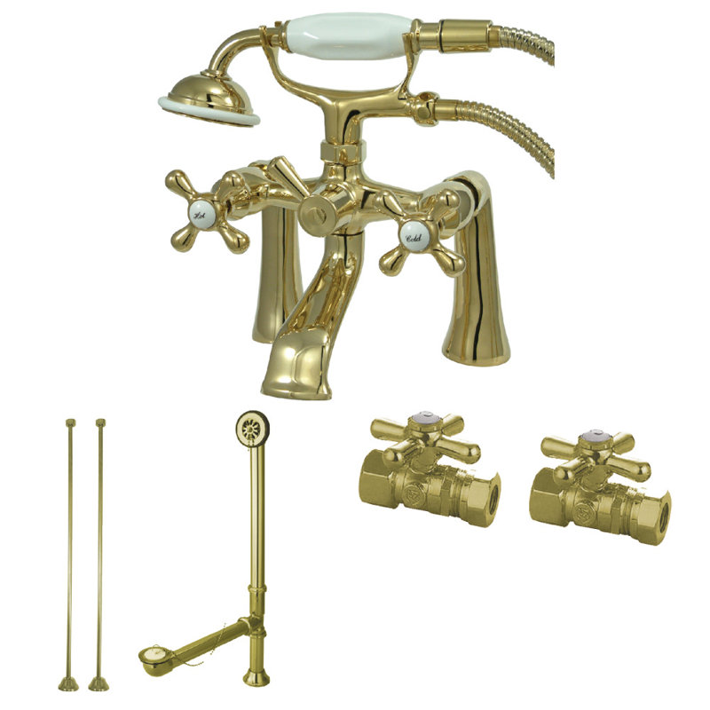 Kingston Brass Vintage Two-Handle 2-Hole Deck Mount Clawfoot Tub Faucet Package with Supply Line, Hand Shower and Tub Drain