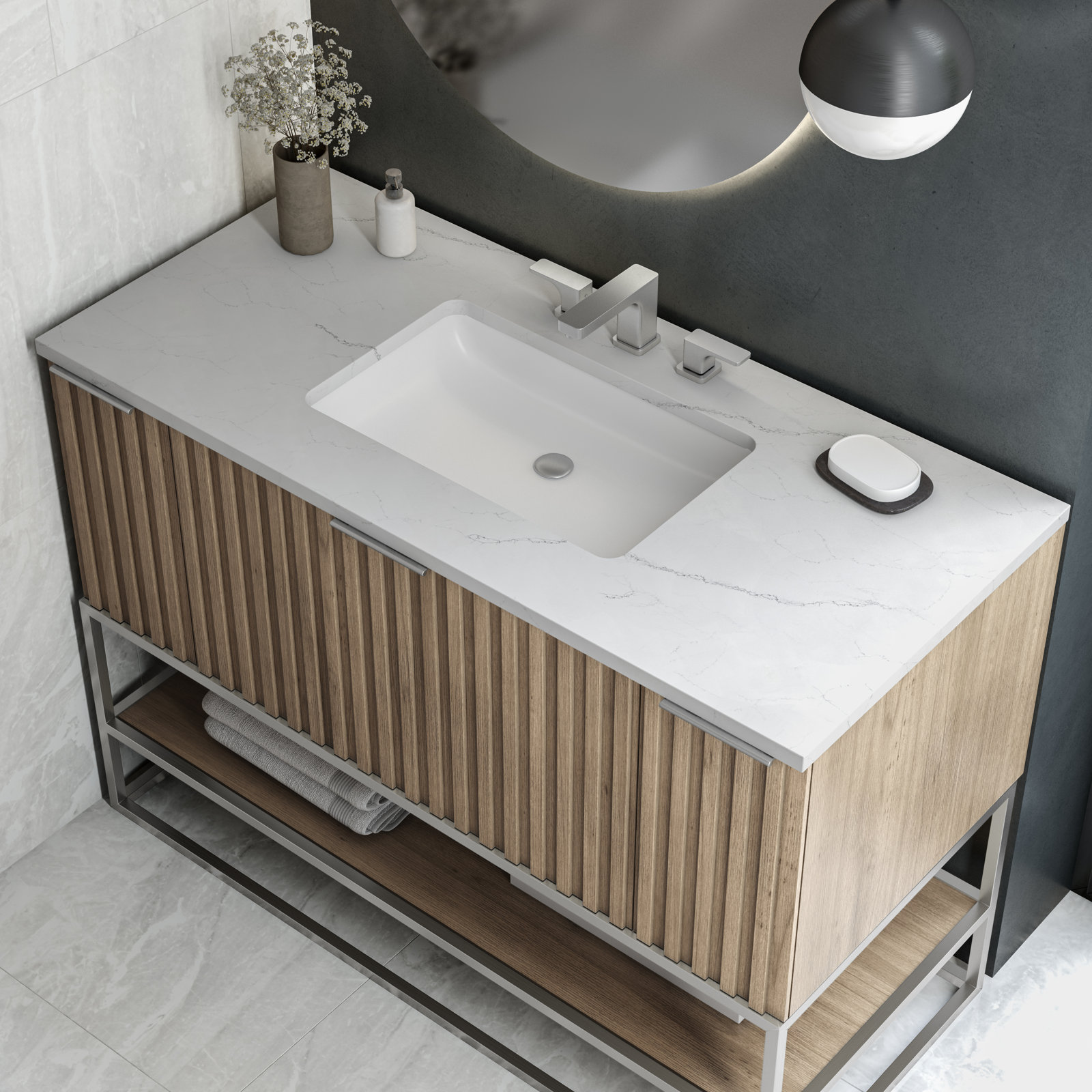 Terra 48'' Single Bathroom Vanity, Cashmere Gray, Brushed Nickel, Calacatta Quartz/Widespread Faucet Mount
