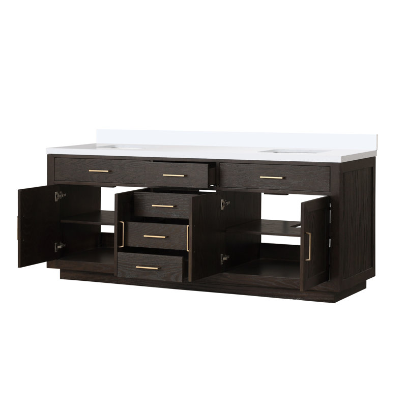 84" Double Bathroom Vanity Set, Gray Oak, White Quartz
