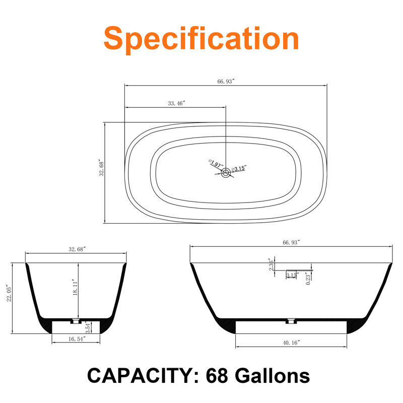 67 in. x 33 in. Stone Resin Solid Surface Freestanding Flatbottom Soaking Bathtub in Matte White, 67"H x 33"W