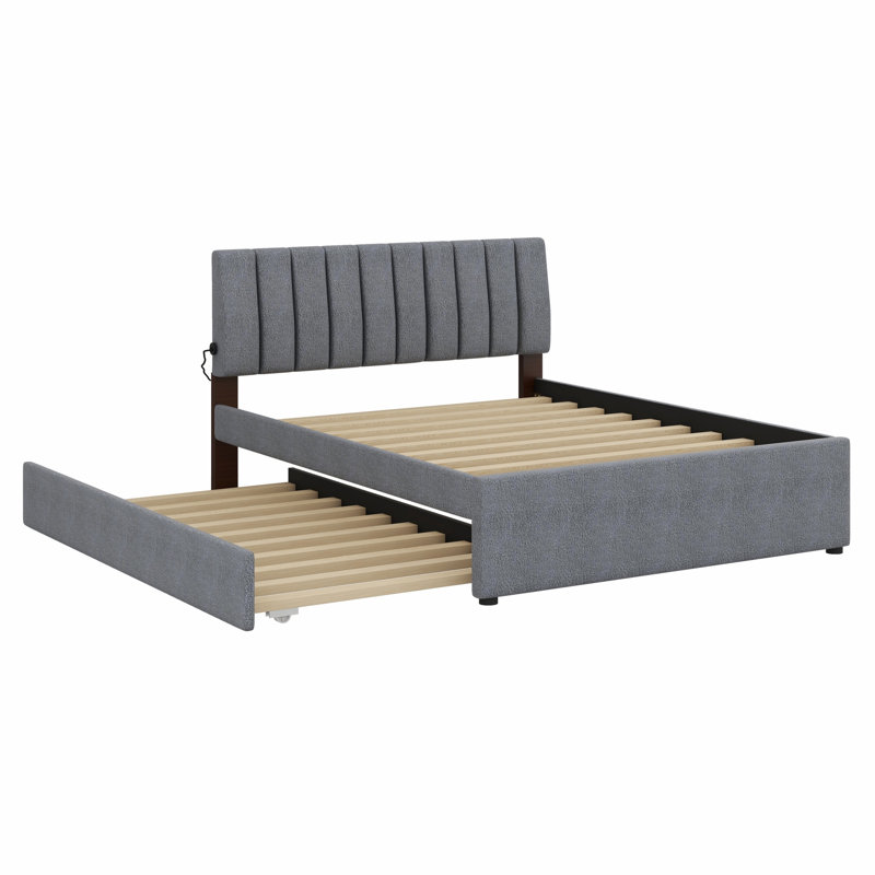 Lit plateforme tapissier avec lit gigogne, Grand lit, Gris