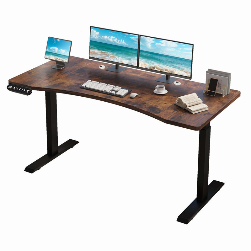Table de bureau électrique blanche et chêne plissée à deux moteurs avec table pliante 63 po x 30 po, Brun rustique / noir