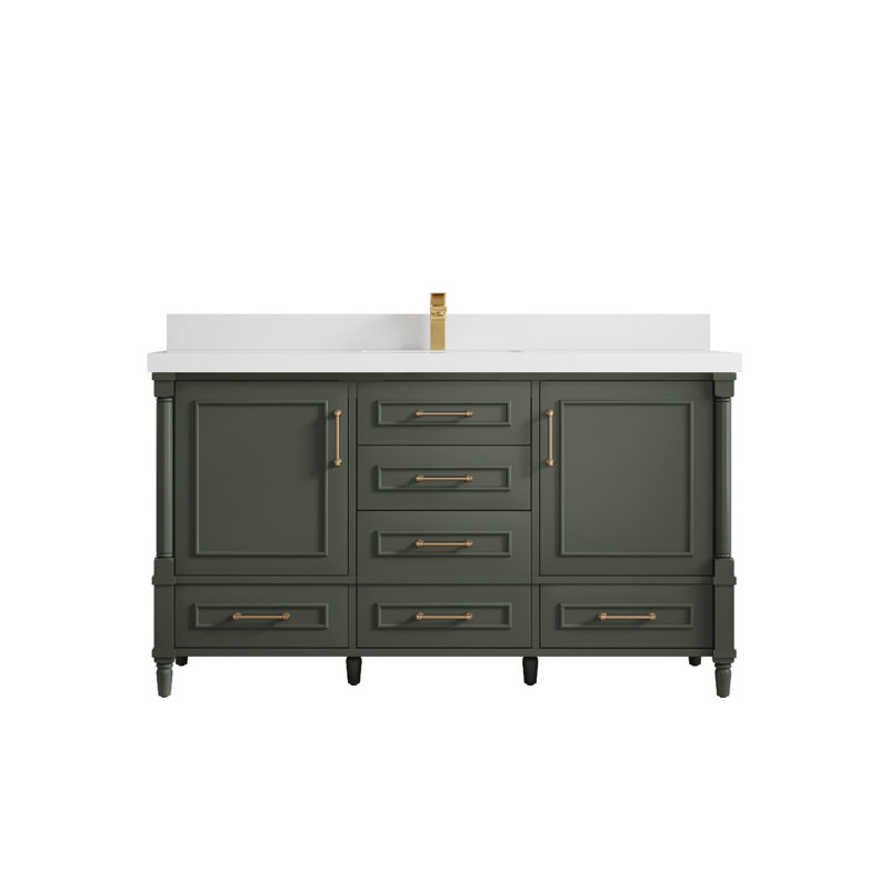Ensemble de meuble-lavabo simple 60 po Flavell, Blanc, Vert étain, Or