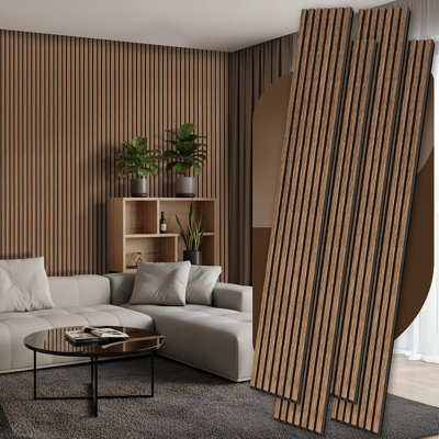 Wood Slat Acoustic Wall Panels for Sound Absorption and 3D Interior Décor, Walnut
