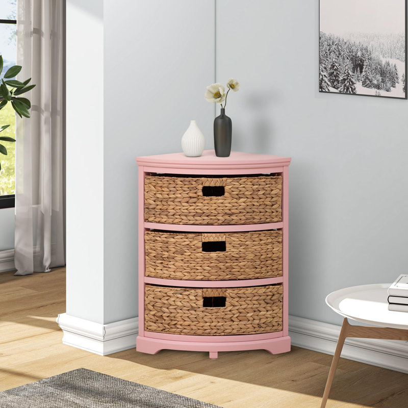 3 Tier X-Side Corner Table Storage Cabinet with 3 Wicker Baskets, Pink