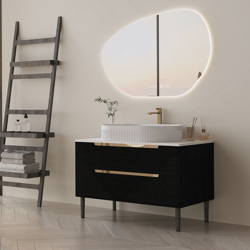 Meuble-lavabo avec lavabo et tiroirs à fermeture en douceur, Noir / doré / blanc