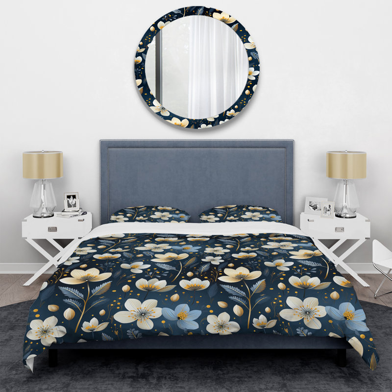 Ensemble de housse de couette à motif floral V bleu et beige Meadow, Housse de couette pour grand lit et 2 taies décor