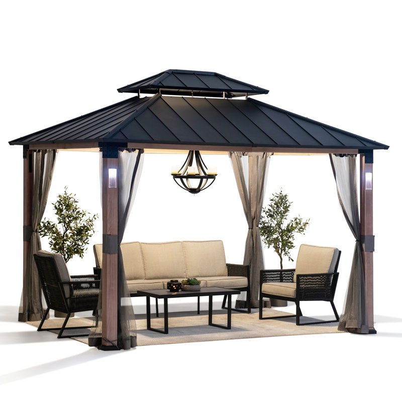 Sunjoy Hardtop Gazebo 10 x 12 ft. Outdoor Patio Gazebo with LED Lights (Batteries Operated), Remote Control and Netting
