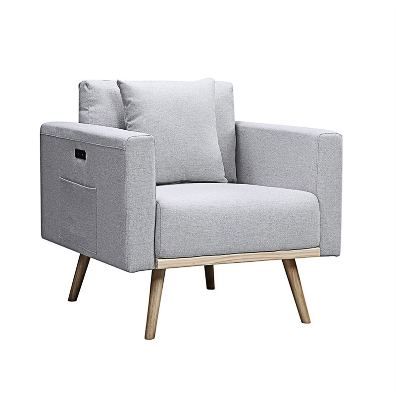 Chaise en tissu avec ports de chargement USB, poches et coussins