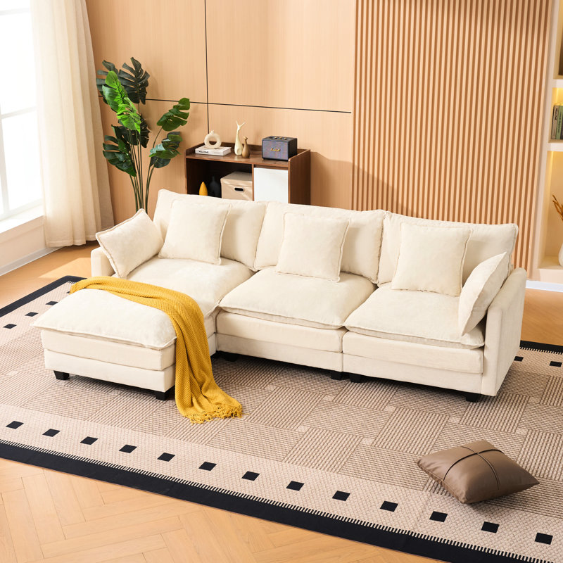 Ensemble de rangement modulaire 3 pièces de style crème avec repose-pieds, revêtement en chenille, boulochage et boulochage beige, dossier coussiné, assemblage facile