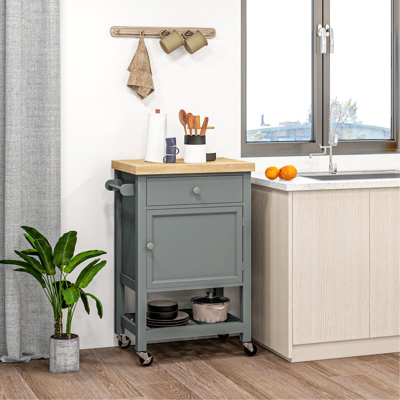 Aidric Kitchen Island with Butcher Block Top and Locking Wheels, Dark Gray