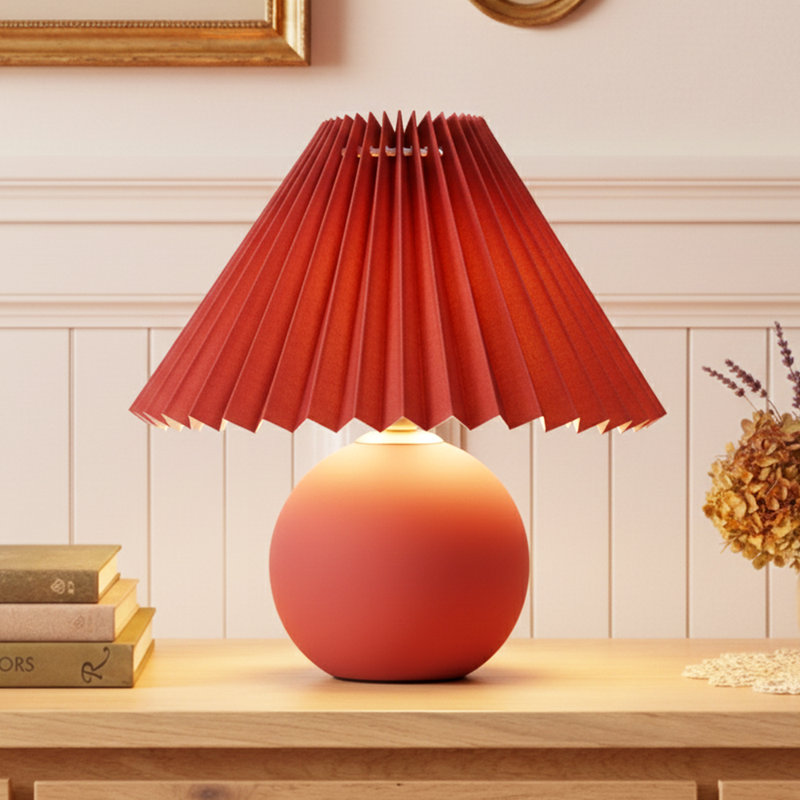 Serena 10" Retro Inspired Ceramic LED Table Lamp with Red Fabric Pleated Shade, Red