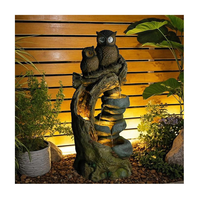 Outdoor Water Fountain Owl Tree Stump, 4 - Tier Cascading Waterfall Garden Fountains with LED Lights & Pump Water Feature Resin for Patio, Deck, Yard, Home Decor