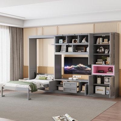 Lit escamotable simple avec meuble télé intégré et rangement