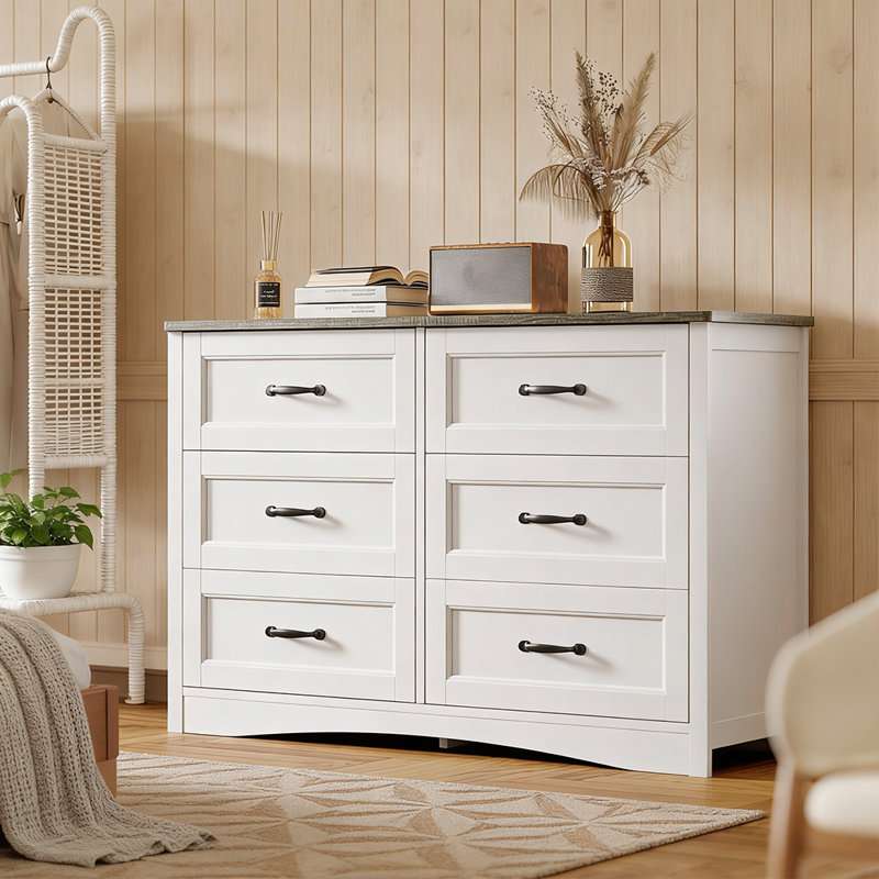 Commode double en bois moderne à 6 tiroirs l 47,2 po Migneco avec poignées en métal et tiroirs coulissants, Gris / Blanc