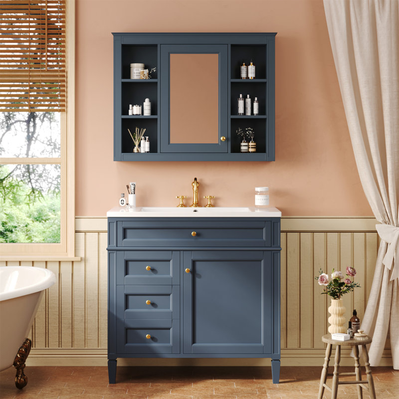 Meuble-lavabo moderne 36 po avec armoire à pharmacie, miroir bleu royal, portes et tiroirs à fermeture en douceur, solution de rangement pour lavabo simple