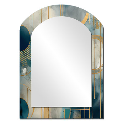 Golden Blue Mosaic Floral Design III - Floral Asymmetrical Mirror, Turquoise Arch Unique Wall Mirror, Printed Metal Art