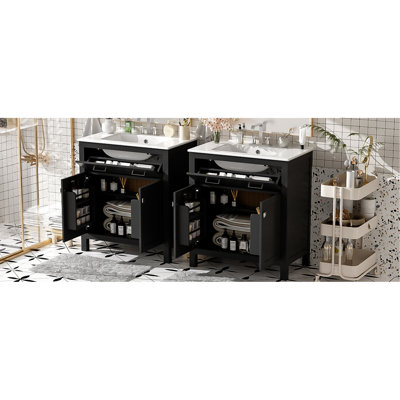 Meuble de salle de bain 60 po noir, meubles-lavabos doubles, lavabos en céramique, tablette réglable, portes à fermeture en douceur, tiroir rabattable - armoire au choix élégant, charnières à fermeture silencieuse, sanctuaire serein
