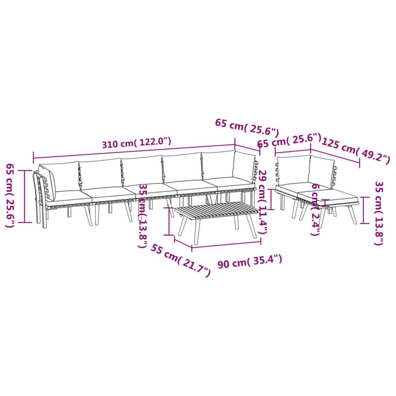 Chaise longue avec coussins 4 pièces Damita, 8 pièces: 3 centrales, 3 d'angle, repose-pieds, t