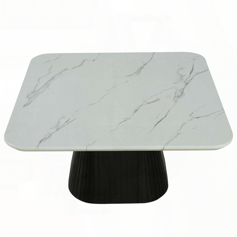 Table basse carrée avec plateau en faux marbre biseauté et base tambour Reeded - Noir