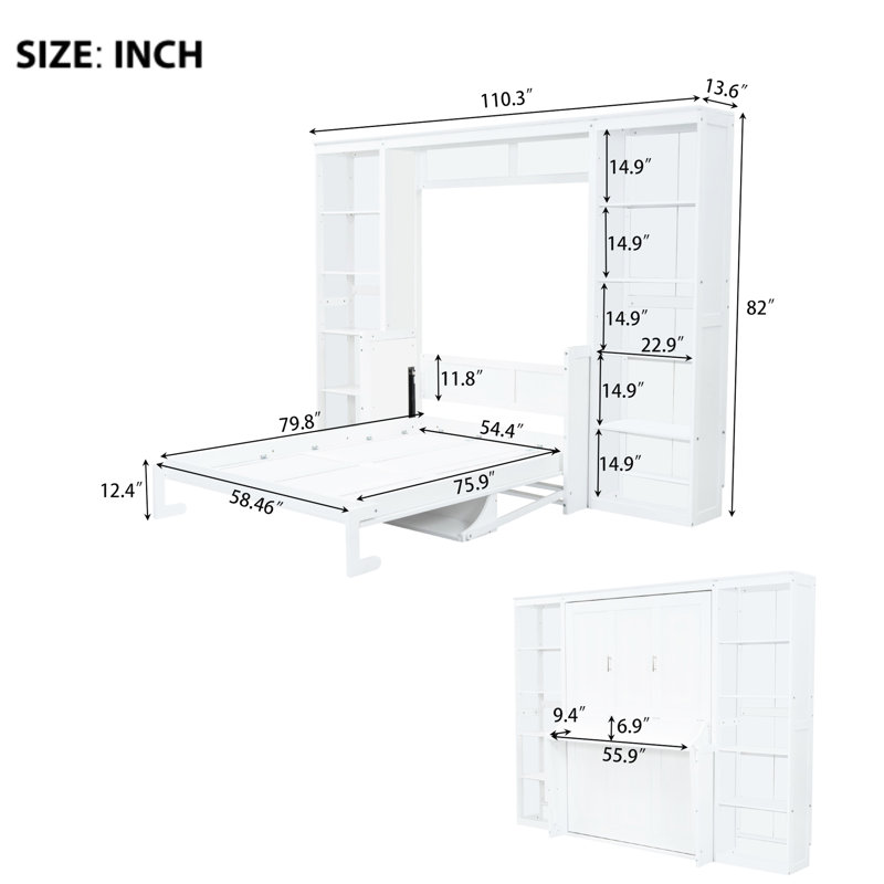 Lit double avec bureau et bibliothèque, blanc - Durable à long terme et économiseur d'espace