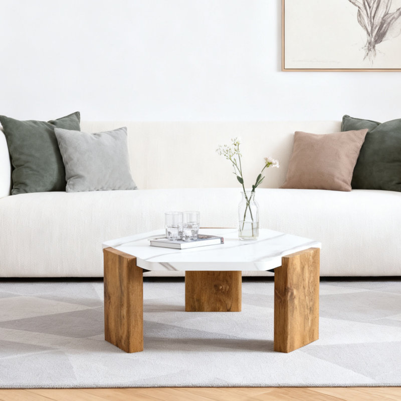 Table basse hexagonale moderne de 31 pouces avec surface en marbre blanc | Idée de cadeau