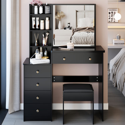 37" Vanity Table And Cushioned Stool , 24X22 Sliding Mirror, Multi-Layer Storage, American Style, Black For Medium Areas With Medium
