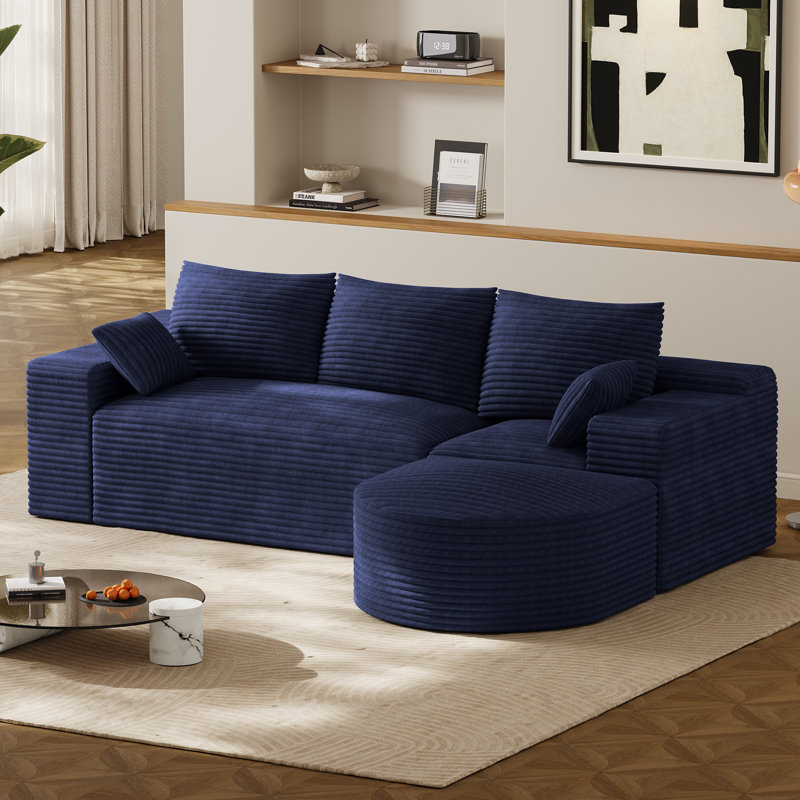 Canapé modulaire en L avec repose-pieds incurvé en forme de L, Bleu, L-Shaped