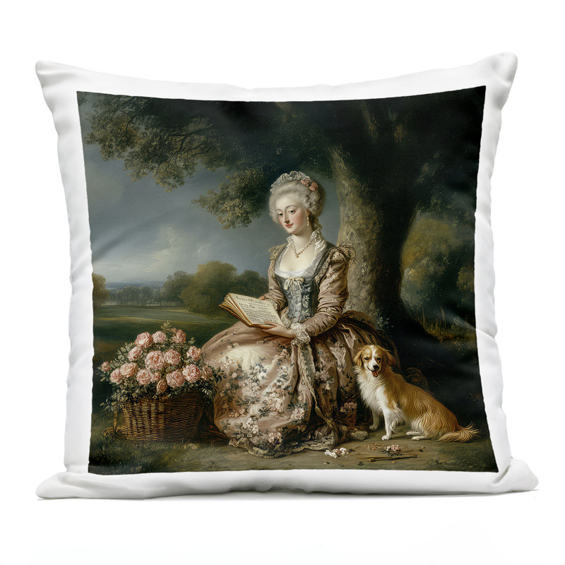 Coussin d'extérieur imprimé femme rococo avec chien, design The Wands Want