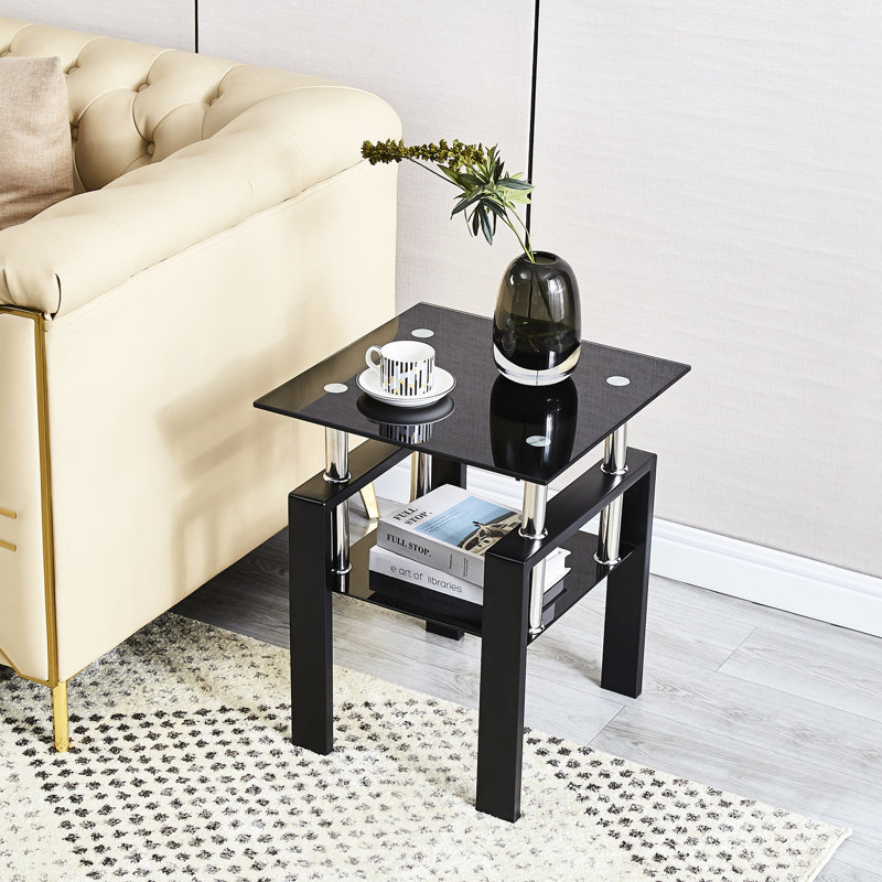 Table en verre trempé noir, 2 rangements pour plusieurs zones, assemblage simple devant la table d'appoint, conception géométrique, performance durable