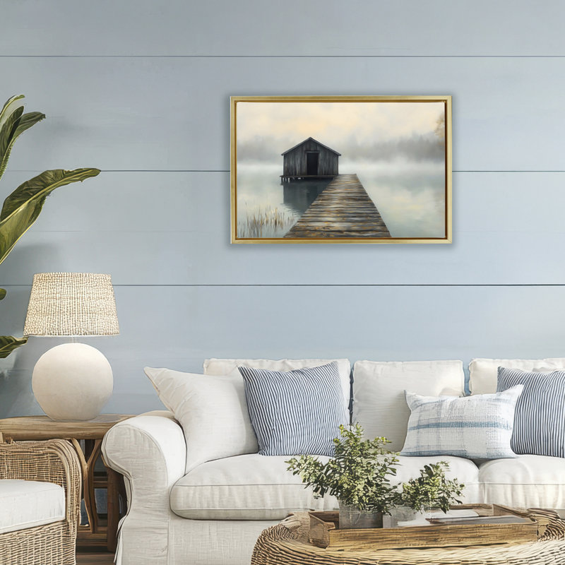 Cadre flottant Lakeside Boathouse Dock, design par LSR Creative Studio, H 21 po x l 31 po, Cadre flottant métallique doré