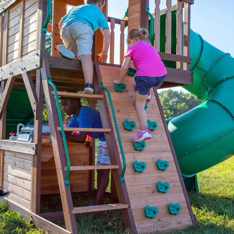 Cedar Cove Wooden Swing Set with Dual Slides and Clubhouse