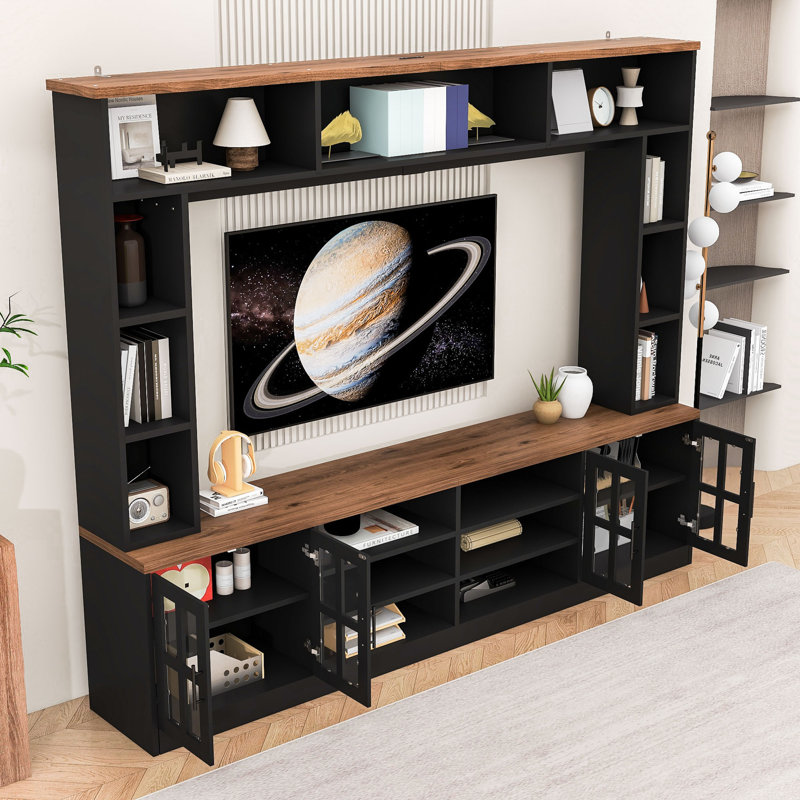 Meuble audio-vidéo moderne avec armoires, portes en verre trempé, tablettes réglables et système de gestion des câbles, Black