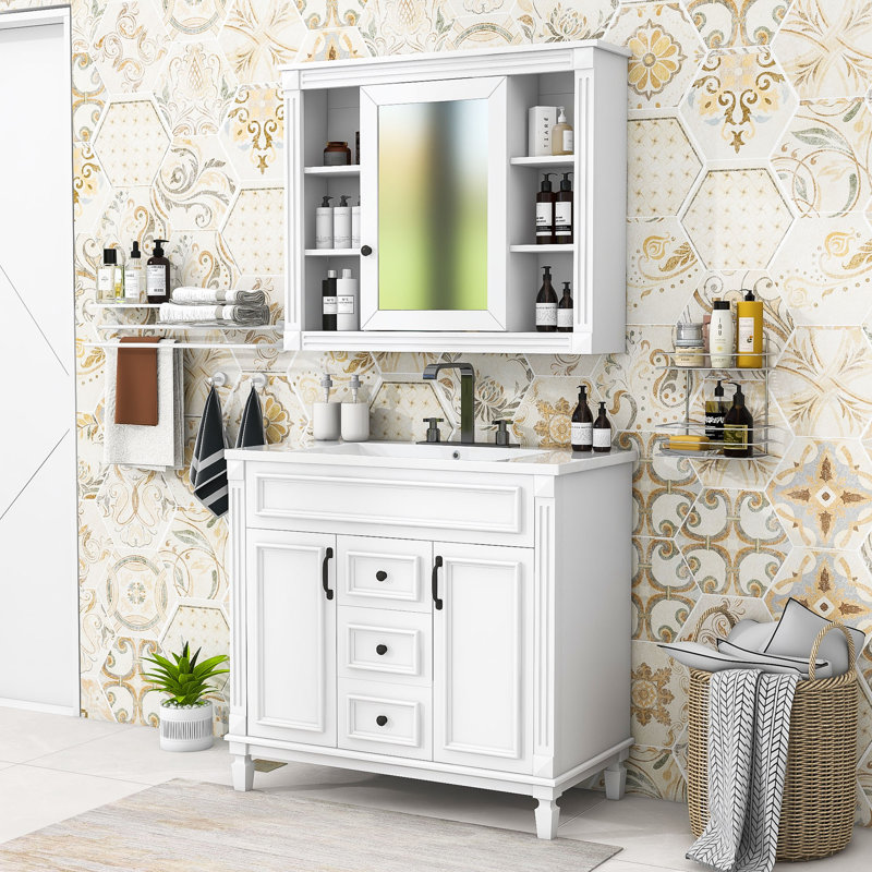 Ensemble de meuble-lavabo moderne 36 po avec armoire à miroir, lavabo et 2 tiroirs Ammaarah, Blanc / Blanc