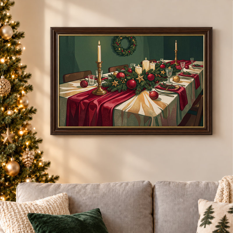 " Holiday Dining Table With Red Runner And Pine Christmas " Painting, 12"H x 18"W