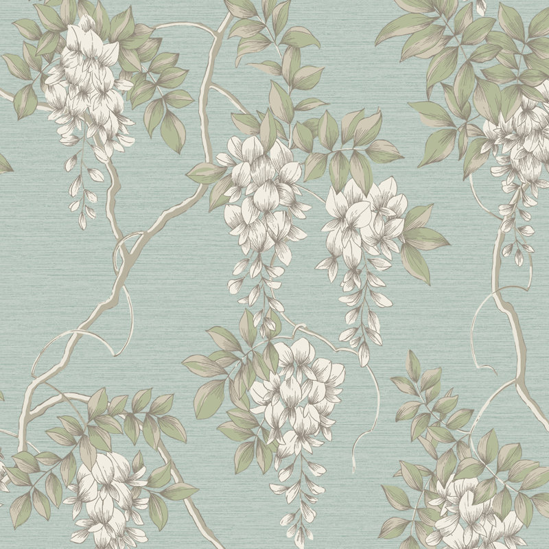 Zen Floral Metallic Wallpaper Double Roll, Duck Egg