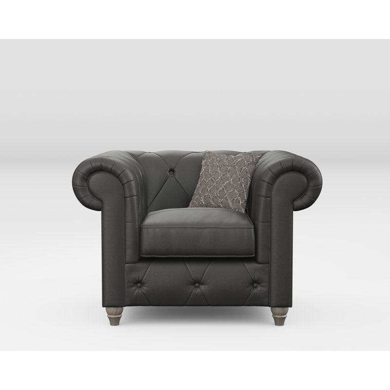 Melrose 115Cm Wide Tufted Genuine Leather Armchair, Washed Oak, Raven