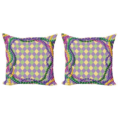 Ambesonne Mardi Gras Decorative Throw Pillow Case Pack Of 2, Mardi Gras Celebration Beads In Vibrant Graphic Style On Diamond Line Pattern, Couch Bedr -  mictwo_40229_20x20