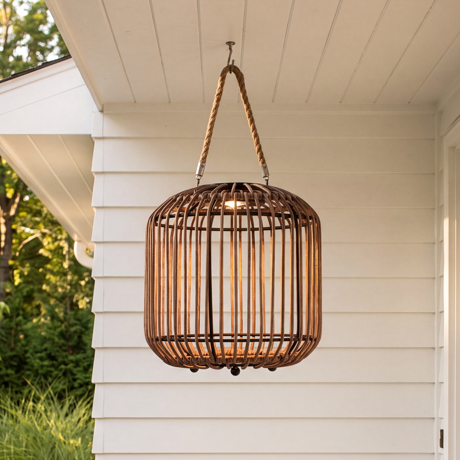 Rattan Outdoor Lantern with Rope Handle, Natural