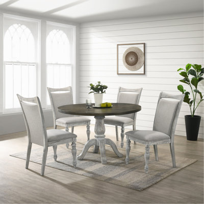 Ensemble de salle à manger 5 pièces, table à piédestal ronde avec 4 chaises, blanc vieilli et gris