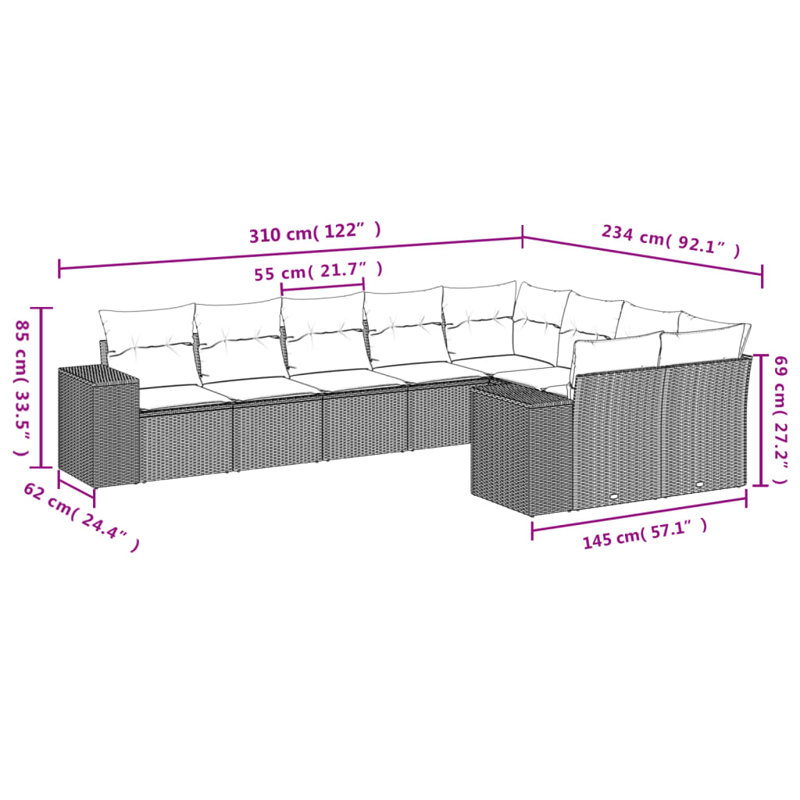 Ensemble de canapé de patio 9 pièces avec coussins en polyester noir Latitude Run®, Coussin bleu sarcelle / structure noire