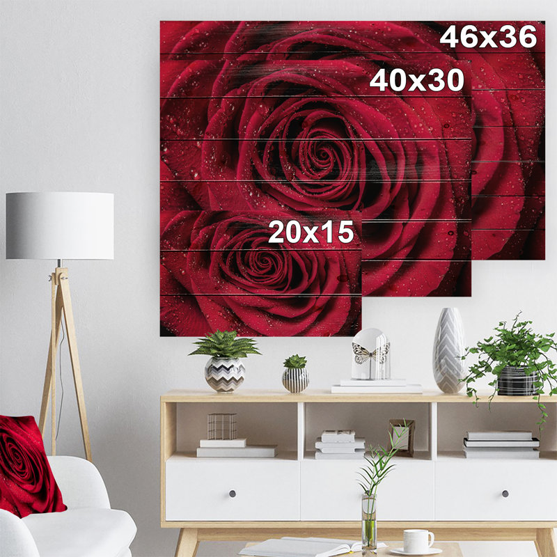 «Red Rose Petals with Rain Droplets», photographie, H 36 po x l 46 po x P 1,5 po, Bois