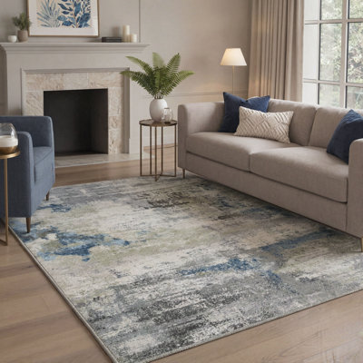 Tapis bleu azur lavable à la machine à laver à l'aquarelle abstraite avec envers antidérapant Mignone