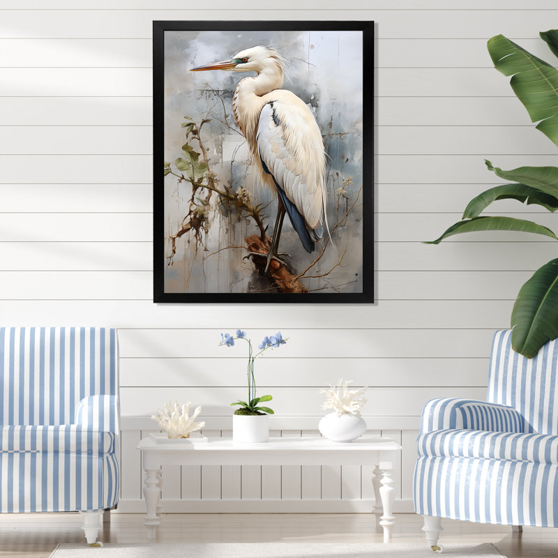 Décoration murale majestueuse héron bleu - héron, Cadre simple noir, H 44 po x l 34 po x P 1,5 po