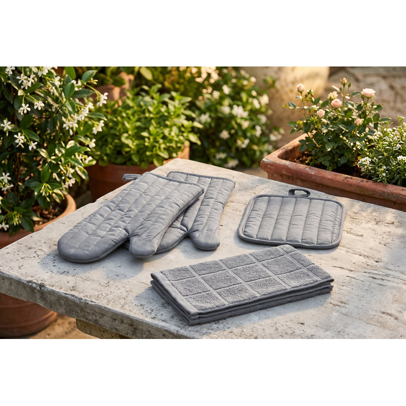 Ensemble de cuisine 4 pièces en coton comprenant 2 maniques, 1 gant de cuisine et 1 torchon éponge - Linge de maison matelassé résistant à la chaleur, gris uni
